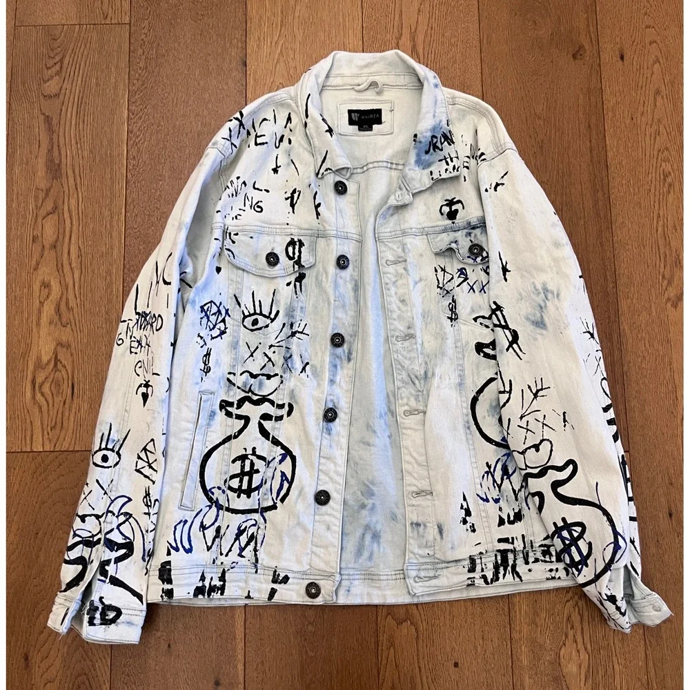 Graffiti All Over Print Denim Jacket Mens XL Light Wash Money Bags Streetwear